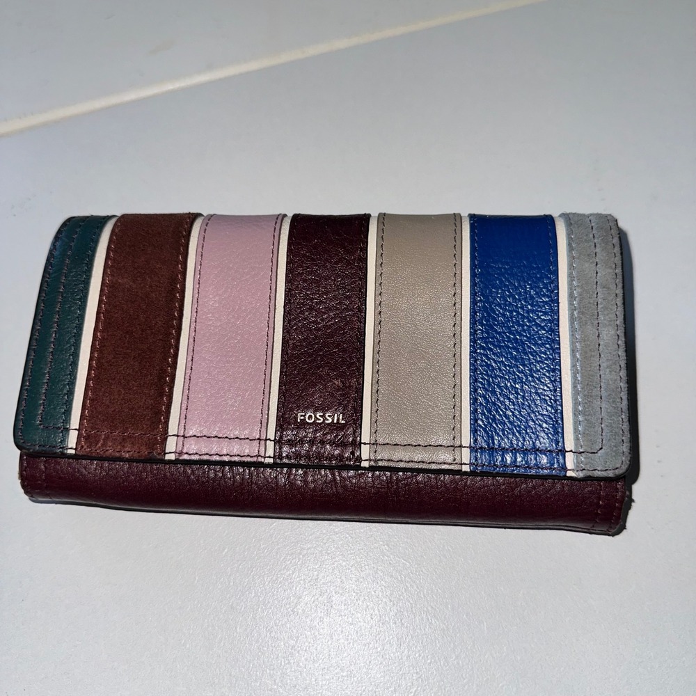 Fossil Multi-Color Patchwork Leather Stripe Long Clutch Wallet Burgundy